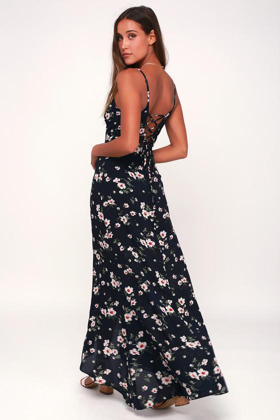 Meadows Of Love Navy Blue Floral Print Lace-up Maxi Dress | Lulus