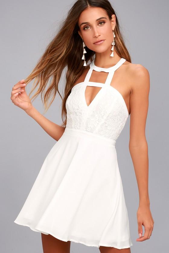 Lulus | All My Daydreams White Lace Skater Dress | Size Large | 100% Polyester