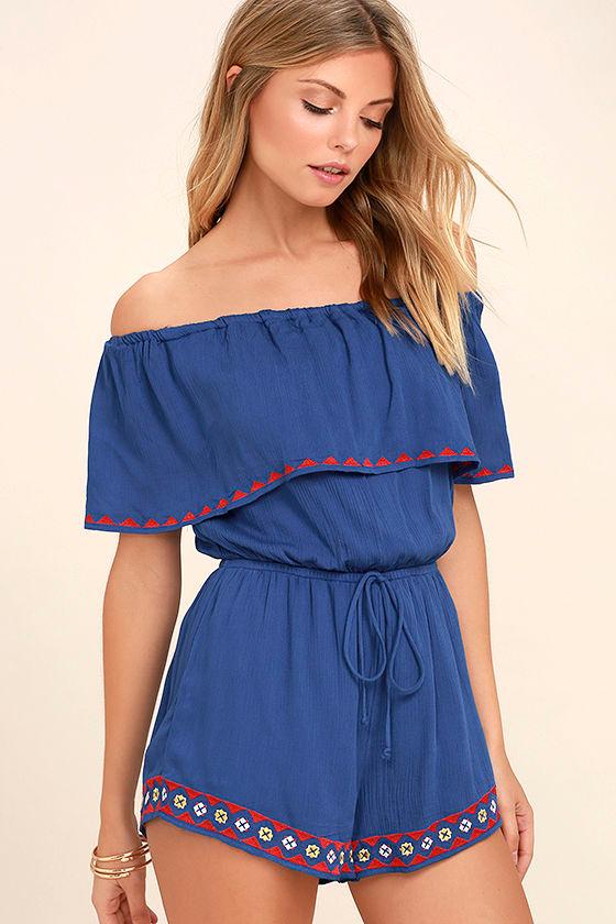 Lulus | Oaxaca Royal Blue Embroidered Off-the-shoulder Romper | Size Large | 100% Polyester