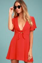 Lulus | Sea Day Red Skater Dress | Size X-small | 100% Polyester
