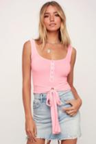 Project Social T Chiana Pink Ribbed Button Down Tie-front Tank Top | Lulus