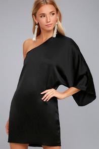 Lulus Lights Out Black Satin One-shoulder Shift Dress