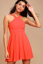 Lulus | Forevermore Coral Red Skater Dress | Size X-small | 100% Polyester