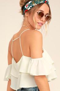 Lulus Filled With Surpises Cream Off-the-shoulder Crop Top