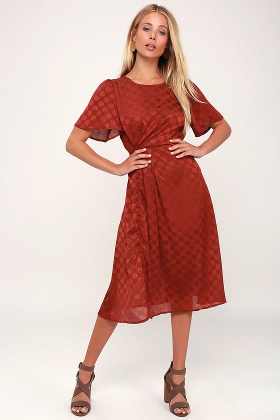 Astr The Label Ebony Rust Red Polka Dot Midi Dress | Lulus