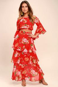 A Calin Carefully Cultivated Red Floral Print Maxi Skirt