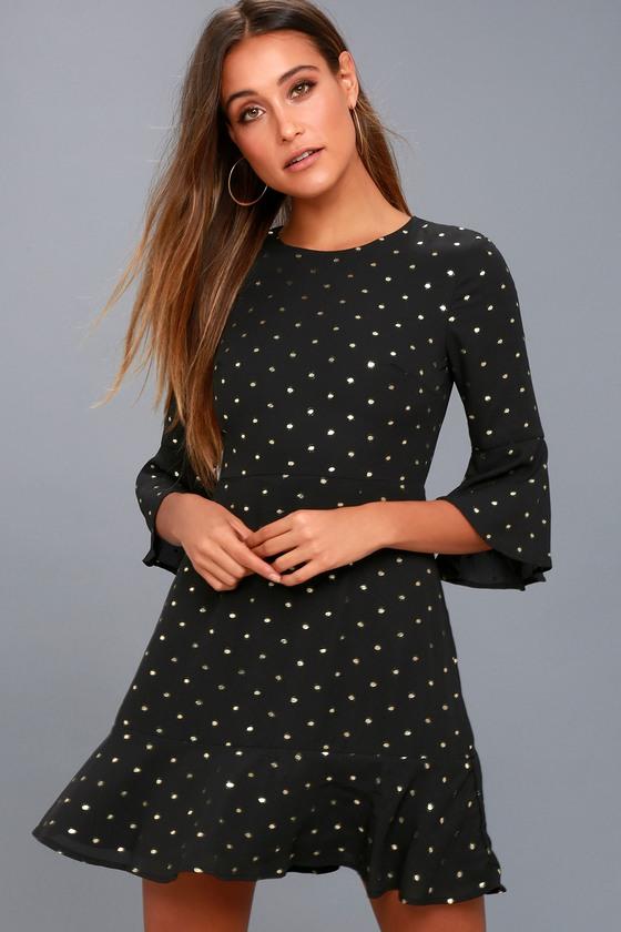 Lulus | She's Dot It Going On Gold And Black Polka Dot Dress | Size Large | 100% Polyester