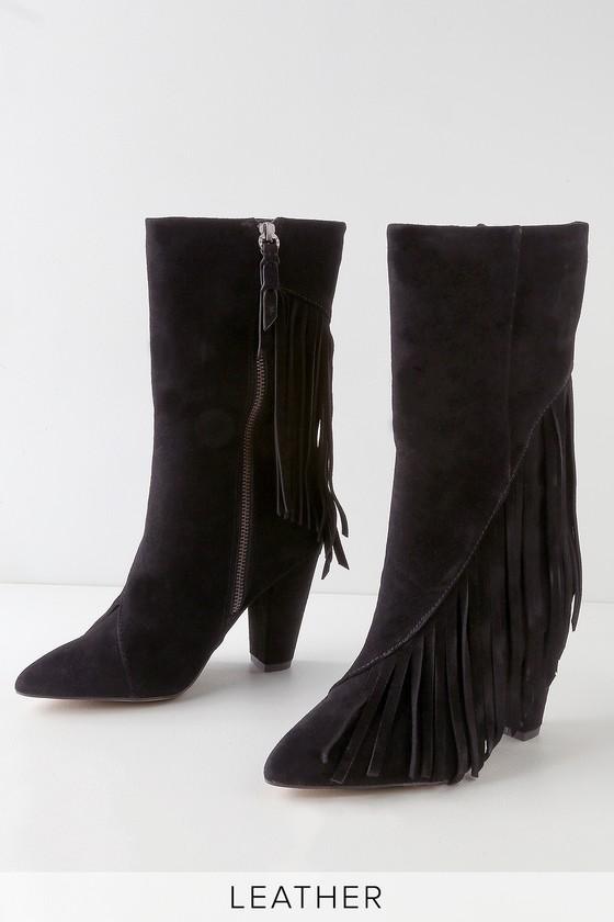 Splendid Camron Black Suede Leather Fringe Mid-calf High Heel Boots | Lulus