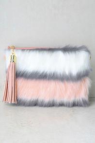 Lulus Go Fur It White And Pink Faux Fur Clutch
