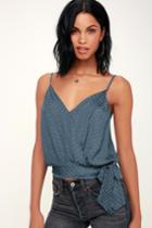 Honey Punch Reese Slate Blue Polka Dot Satin Wrap Top | Lulus