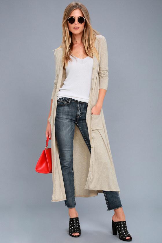 Lulus | Graceful Ways Light Beige Long Cardigan Sweater | Size Large