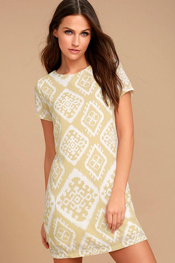 Lulus | Give Me A Print Beige Print Shift Dress | Size X-small | 100% Polyester