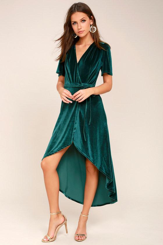 Lulus | Amour Teal Green Velvet High-low Wrap Dress | Size Small