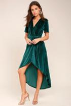 Lulus | Amour Teal Green Velvet High-low Wrap Dress | Size Small