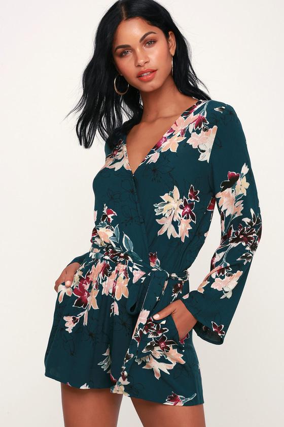 Where I Belong Teal Green Floral Print Long Sleeve Romper | Lulus