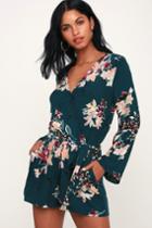 Where I Belong Teal Green Floral Print Long Sleeve Romper | Lulus