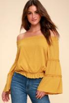 Sunny Story Mustard Yellow Lace Bell Sleeve Off-the-shoulder Top | Lulus