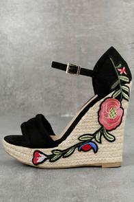 Wild Diva Nell Black Suede Embroidered Platform Espadrille Wedges