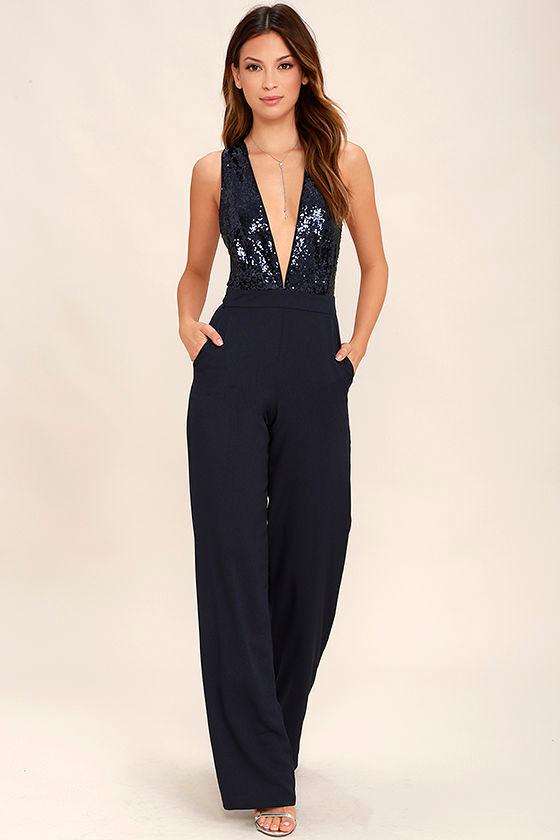Lulus | Disco Heaven Navy Blue Sequin Jumpsuit | Size X-small | 100% Polyester