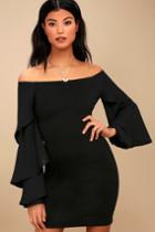 Lulus | Mon Cherie Black Off-the-shoulder Bodycon Dress | Size Large | 100% Polyester