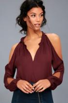 Lulus | Sassy Splendor Burgundy Satin Cold Shoulder Top | Size Large | Red | 100% Polyester