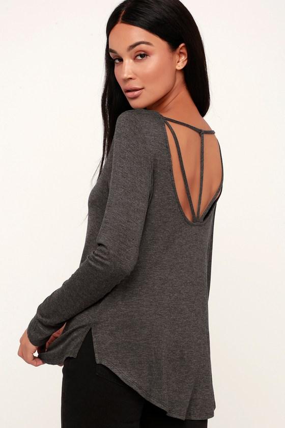 Nicolette Charcoal Grey Strappy Back Long Sleeve Top | Lulus