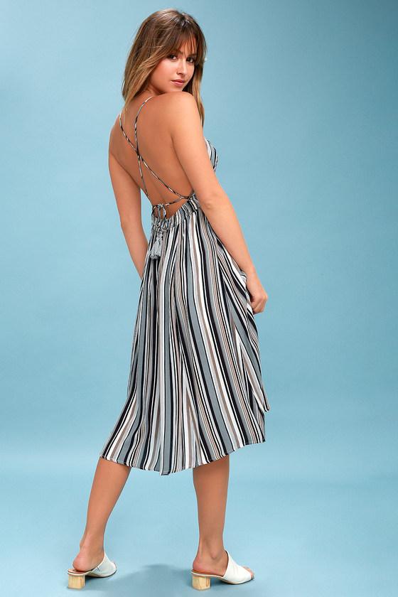 Montara Slate Blue Striped Backless Midi Dress | Lulus