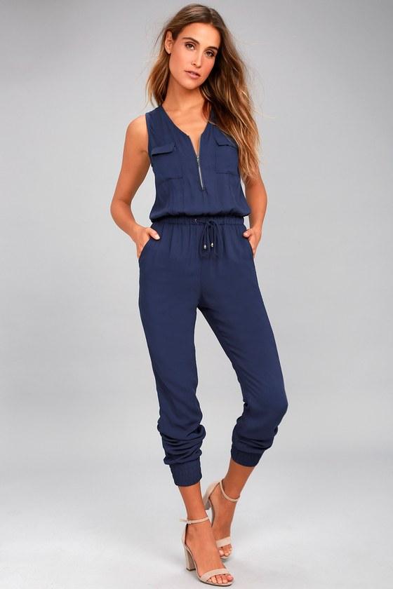 Olive + Oak | Scarlett Navy Blue Jumpsuit | Size Large | 100% Rayon | Lulus