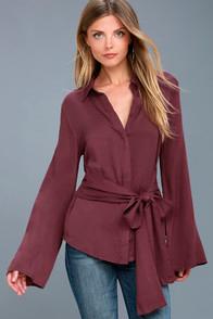 Lulus Mason Washed Burgundy Long Sleeve Cutout Button-up Top