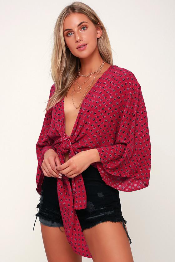 Billabong Knot Yours Berry Red Print Long Sleeve Tie-front Top | Lulus