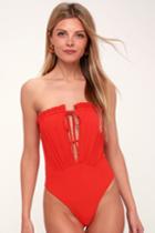 Blue Life Exotica Red Ruffle One-piece Strapless Swimsuit | Lulus