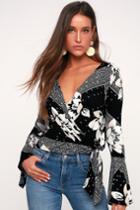 O'neill Jude Black Floral Print Bell Sleeve Wrap Top | Lulus