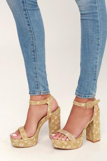 Machi Caro Tan Floral Woven Ankle Strap Heels | Lulus