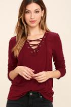 Lulus Love Song Wine Red Long Sleeve Lace-up Top