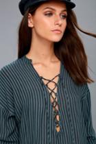 Billabong Finding Happiness Teal Blue Striped Long Sleeve Lace-up Top | Lulus