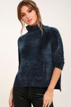 Lost + Wander | Maya Teal Blue Chenille Mock Neck Sweater | Size Medium/large | 100% Polyester | Lulus
