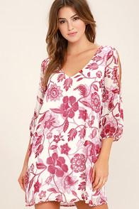 Lulus Shifting Dears Cream And Burgundy Floral Print Long Sleeve Dress