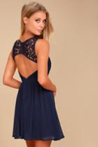 Lulus | Romantic Tale Navy Blue Lace Skater Dress | Size Large | 100% Polyester