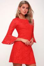 Favorite Flair Red Lace Flounce Sleeve Dress | Lulus