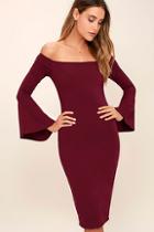 Lulus All She Wants Burgundy Off-the-shoulder Midi Dress