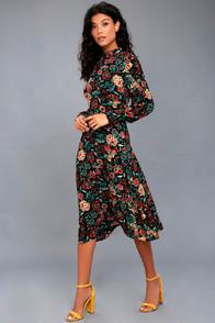 Lulus Retro Ready Black Floral Print Long Sleeve Midi Dress