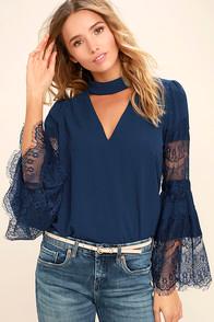 Do & Be Step And Repeat Navy Blue Lace Long Sleeve Top
