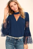Do & Be Step And Repeat Navy Blue Lace Long Sleeve Top