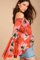 Free People Birds Of Paradise Coral Orange Floral Print Top