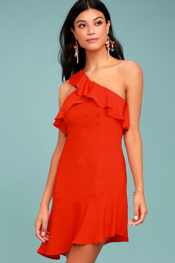 Lulus | Beautiful View Coral Red One-shoulder Dress | Size Large | 100% Polyester