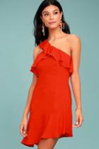 Lulus | Beautiful View Coral Red One-shoulder Dress | Size Large | 100% Polyester