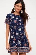 A-flora-ble Navy Blue Floral Print Shift Dress | Lulus