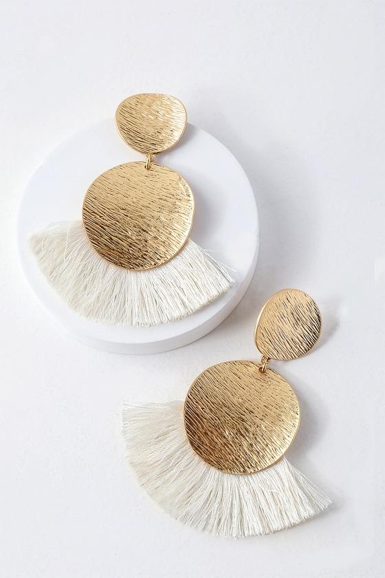 Huge Fan Gold And Ivory Fringe Earrings | Lulus