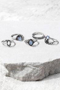 Lulus Simply Charmed Light Blue And Silver Ring Set
