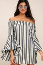 Along The Tides Navy Blue Striped Off-the-shoulder Dress | Lulus